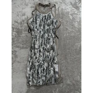 Bebe Dress Women Size XS Gray Sleeveless‎ Stretch Sequins Loop Neck See Flaw